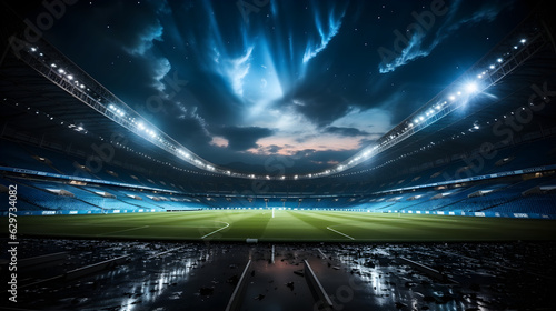 Modern soccer football stadium illuminated by spotlights and empty green grass playground. Sport building stadium with floodlights cinematic background