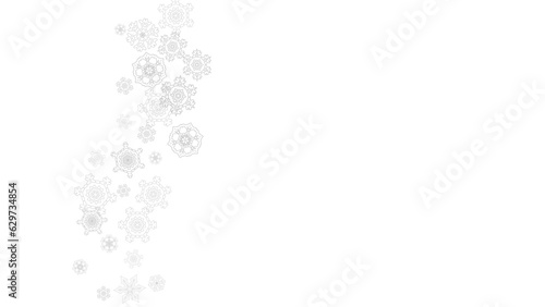 Snowflakes falling on white background. Horizontal Christmas and Happy New Year theme. Silver falling snowflakes for banner, gift card, party invitation, partner compliment and special business offers