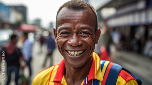 A Colombian man smiling wearing the Colombia shirt. 