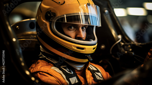 A race car driver in a racing suit sitting in a cockpit . 