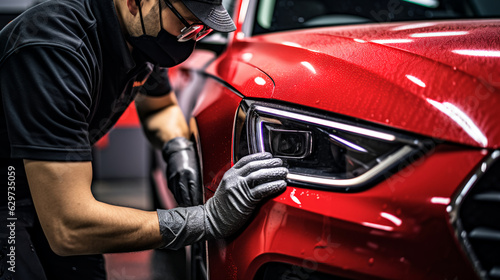 A detailer using a clay bar to remove contaminants from a car's paint. photo