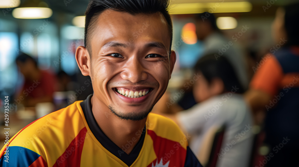 Naklejka premium A Malaysian man smiling wearing the Malaysia shirt.