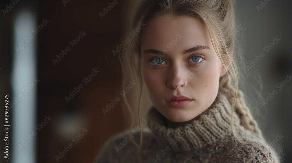 A woman with a ponytail wearing a sweater made from sustainably sourced merino wool. A woman with a ponytail wearing a sweater made from sustainably sourced merino wool.