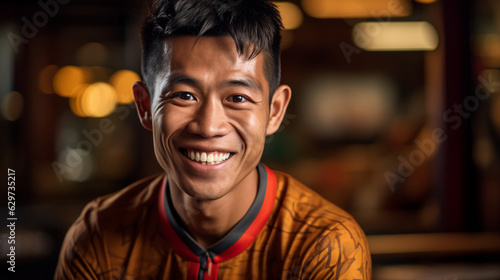 A Thai man smiling wearing the Thailand shirt.