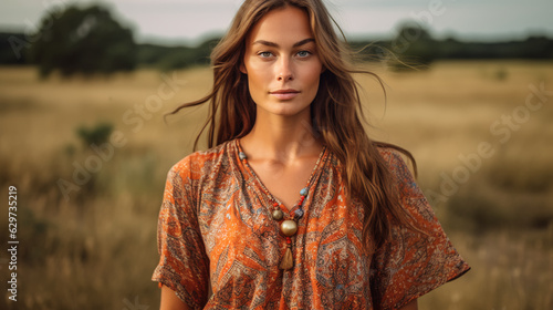 A woman wearing a bohemian-style dress made from recycled silk. 