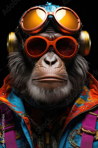 Hyperrealstic photography of a portrait of a stylized cyberpunk monkey cyborg robot with headphones composed of giant colorful speakers. Created with Generative AI Technology.  © passionart
