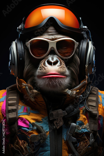 Hyperrealstic photography of a portrait of a stylized cyberpunk monkey cyborg robot with headphones composed of giant colorful speakers. Created with Generative AI Technology. 