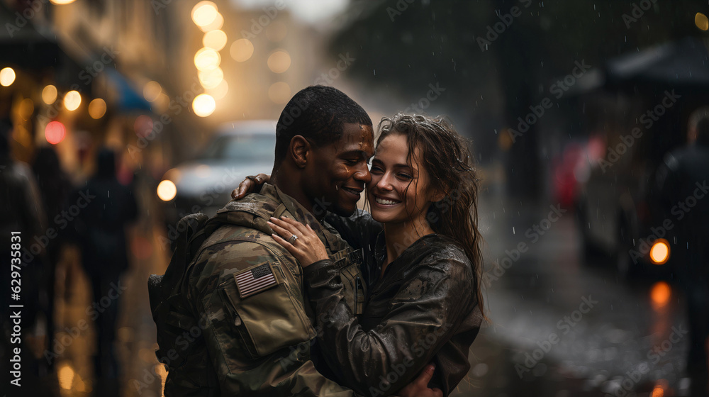 a soldier smiling at his girlfriend hugging him