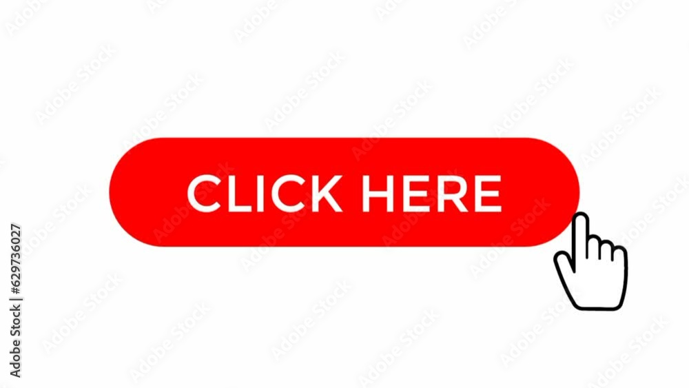 Click here the red button by clicking the hand pointer. 2d animation isolated on white background. Click here the red button by clicking the hand pointer. 2d animation isolated on white background.