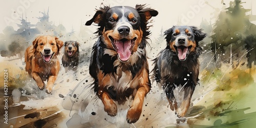 illustration of group of dogs of different breeds, watercolor style, generative AI