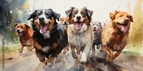 illustration of group of dogs of different breeds, watercolor style, generative AI