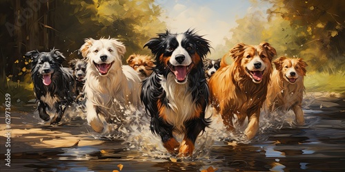 illustration of group of dogs of different breeds, oil painting, generative AI