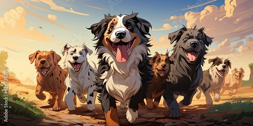 illustration of group of dogs of different breeds  cartoon style  generative AI