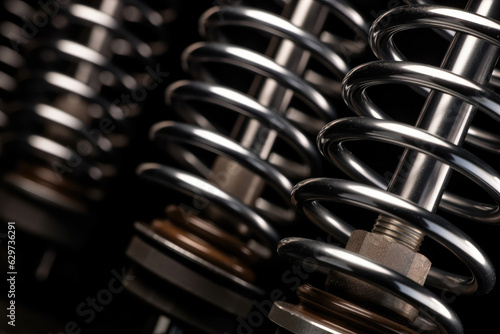 Close-up Macro Shot of a Brand New Shock Absorber with Shiny Metal Surface and Compressed Spring Coils photo