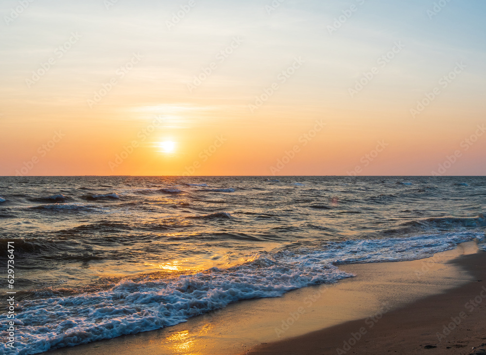Panorama front viewpoint landscape travel summer sea wind wave cool on holiday calm coastal big sunset sky light orange golden Nature tropical Beautiful evening hour day At Bangsan Beach Thailand.