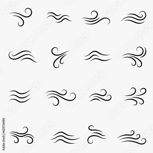 Wind weather and environment, nature icon set. Natural movement of the air symbols. Vector line art illustration isolated on white background.