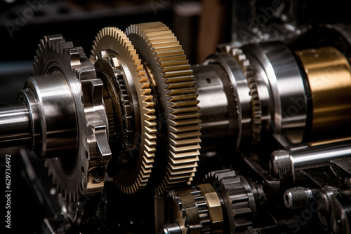 A macro shot of a lathe machine's gear train and spindle, with intricate details of the machine's internal workings
