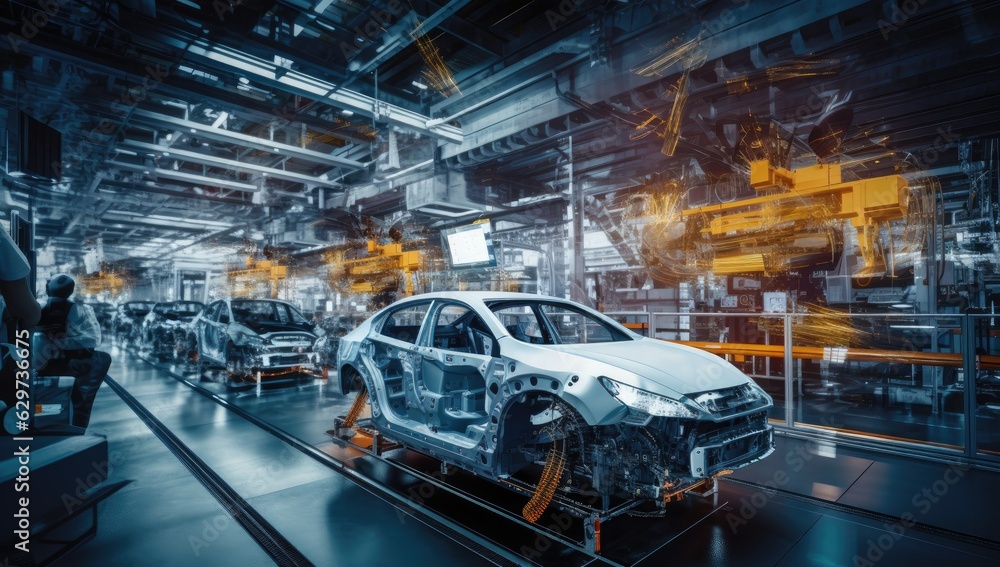 factory with robots and white car Generative AI factory with robots and white car Generative AI
