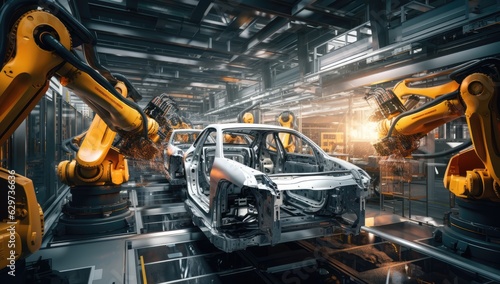 manufacturing factory with car assembly robots work on the assembly line Generative AI
