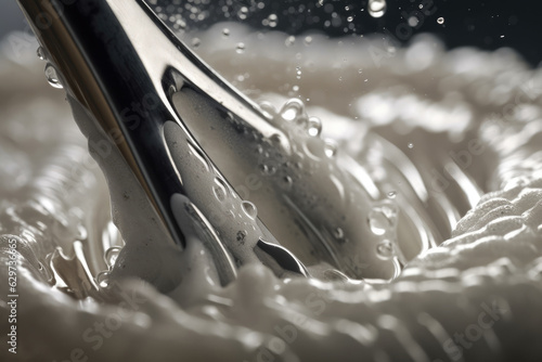 An artistic close-up of an agitator blade slicing through a layer of foamy bubbles in a large container filled with liquid, highlighting the texture and details of the blade