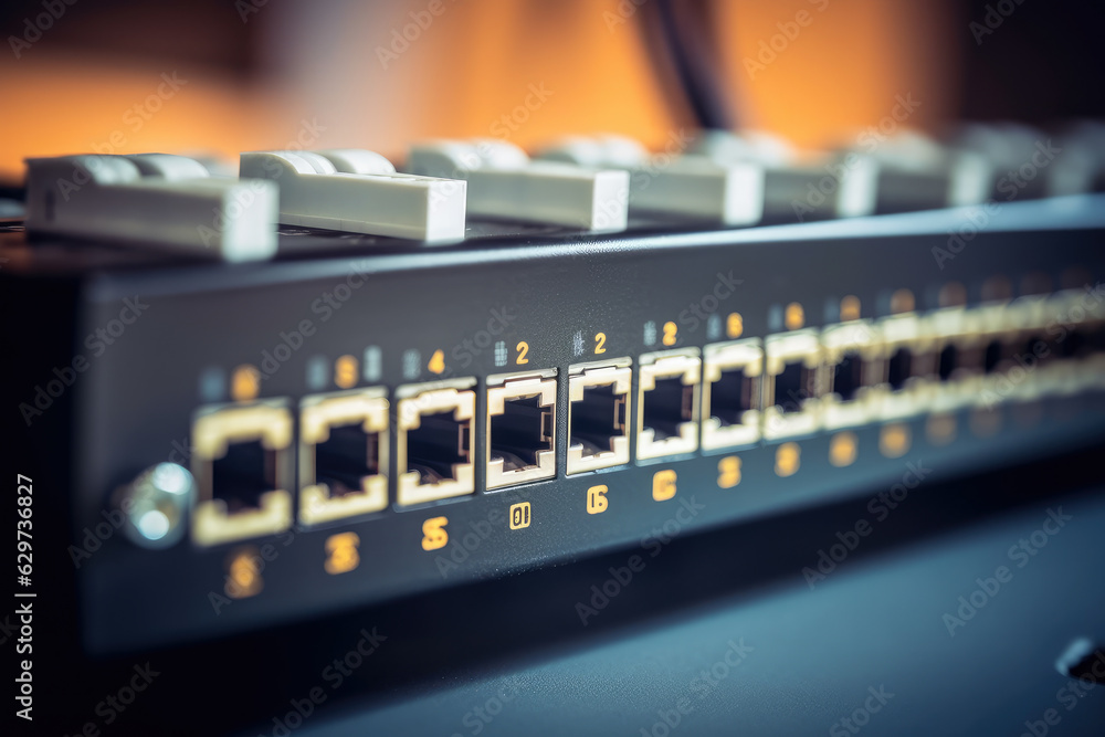 Artistic macro shot of Industrial Ethernet switch with blurred background