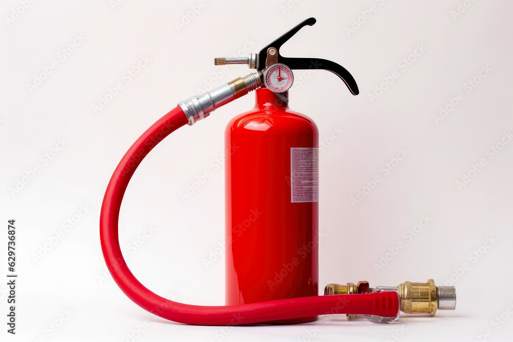 Bright red fire extinguisher with a gauge and hose against a plain white background, ready for use in case of an emergency Bright red fire extinguisher with a gauge and hose against a plain white background, ready for use in case of an emergency