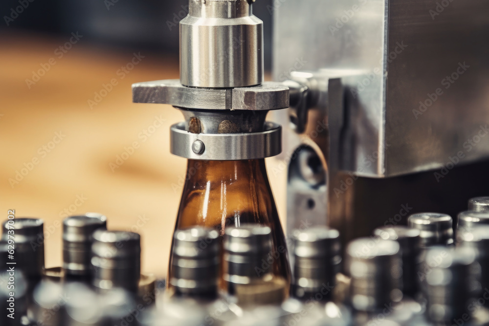 Close-up image of capping machine tightening a cap on a glass bottle in a brewery with rustic wooden background