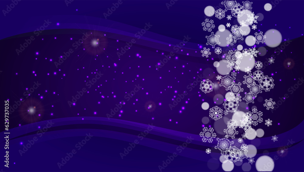 Obraz premium Winter border with ultraviolet snowflakes. New Year backdrop. Snow frame for flyer, gift card, invitation, business offer and ad. Christmas trendy background. Holiday frosty banner with winter border