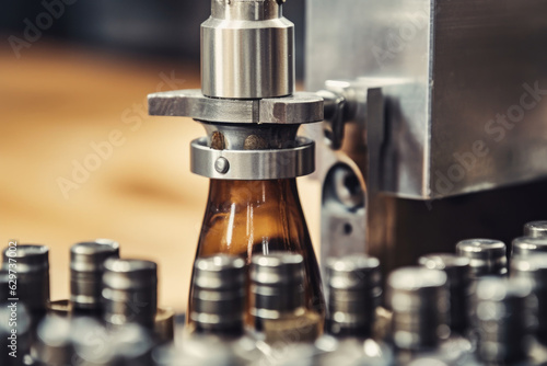 Close-up image of capping machine tightening a cap on a glass bottle in a brewery with rustic wooden background