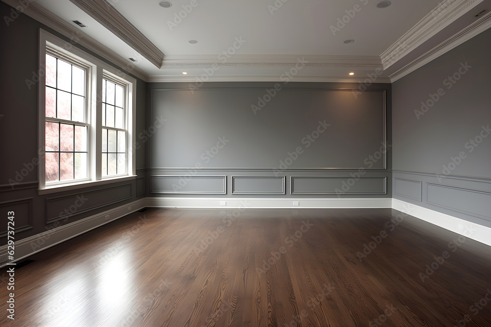 Minimal empty room with gray wall on background. Classical empty room interior. The rooms have wooden floors and gray walls Minimal empty room with gray wall on background. Classical empty room interior. The rooms have wooden floors and gray walls