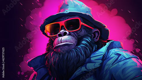 Neon portrait of gorilla rapper, gangster monkey character
