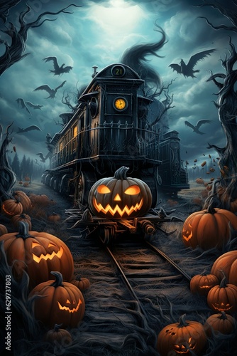  halloween scene horror background with creepy pumpkins of spooky halloween haunted mansion Evil houseat night with full moon |  Generative AI photo