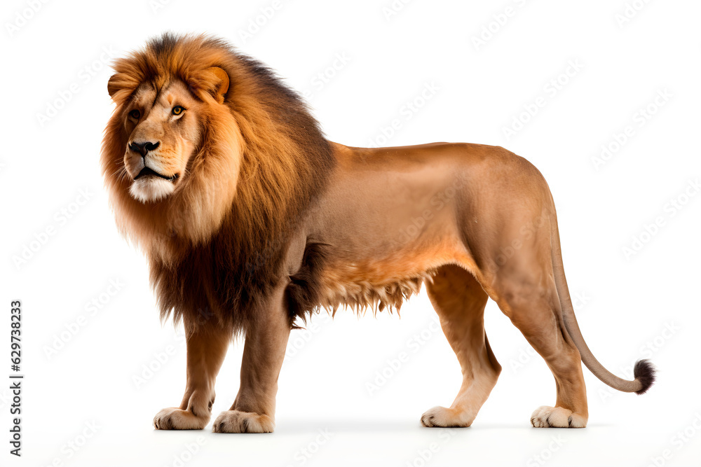 Lion isolated on white background. Animal left side portrait.
