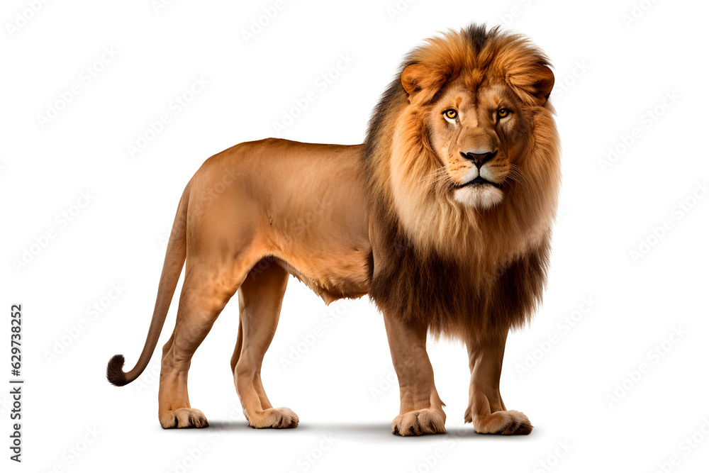 Lion isolated on white background. Animal right side portrait.