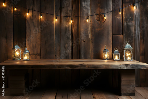 Christmas light background on wooden panel. old wooden board with backlight  copy space background
