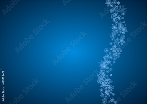 New Year snowflakes on blue background with sparkles. Horizontal Christmas and New Year snowflakes falling. For season sales, special offer, banners, cards, party invites, flyer. White frosty snow