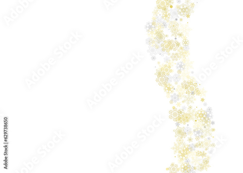Gold snowflakes frame on white background. New year theme. Horizontal shiny Christmas frame for holiday banner  card  sale  special offer. Falling snow with gold snowflake and glitter for party invite