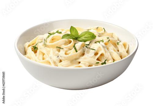 Bowl of fettucini alfredo with garnish isolated on transparent background. PNG file, cut out