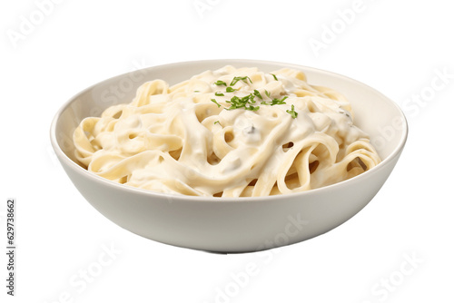 Bowl of fettucini alfredo with garnish isolated on transparent background. PNG file  cut out