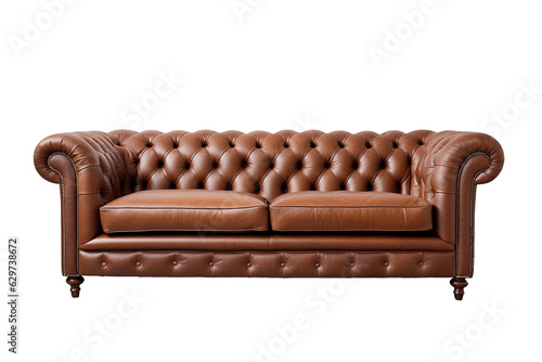 Brown leather chesterfield sofa isolated on transparent background. PNG file, cut out