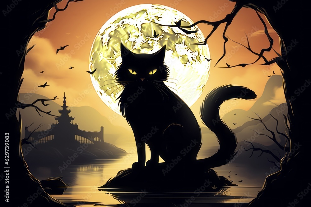 Black cat on the background of the moon in the style of drawing or illustration as symbol of superstition. AI generated Black cat on the background of the moon in the style of drawing or illustration as symbol of superstition. AI generated