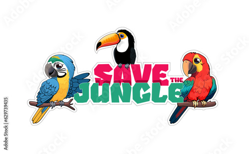 Vector cartoon sticker with macaw parrots and toco toucan with the inscription "Save the jungle"
