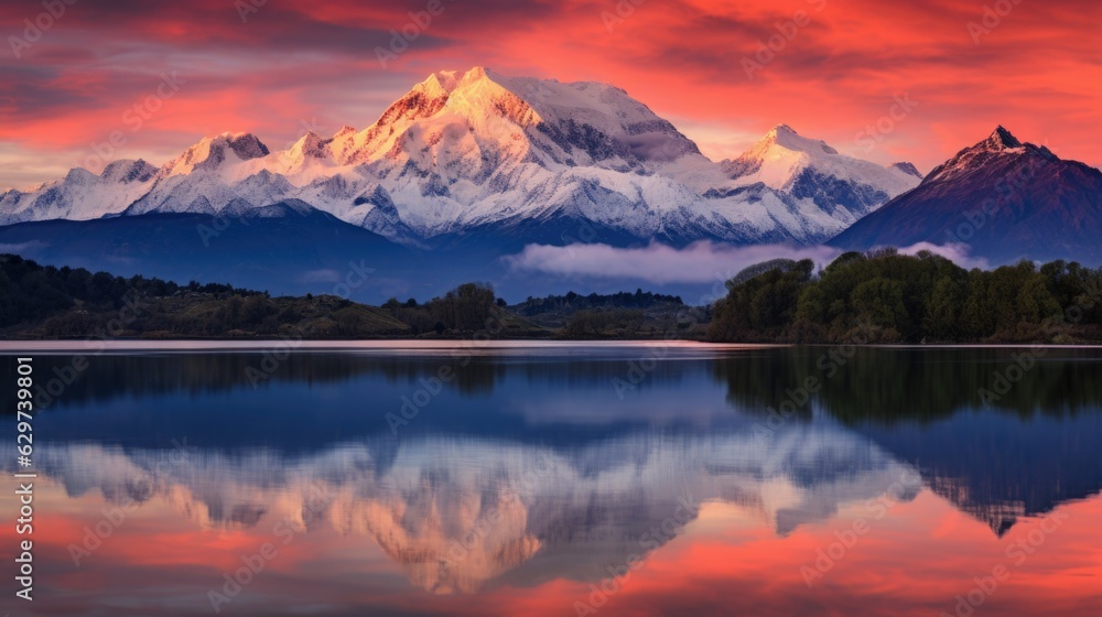 Snow-Capped Mountain Peaks and Lake at Sunset