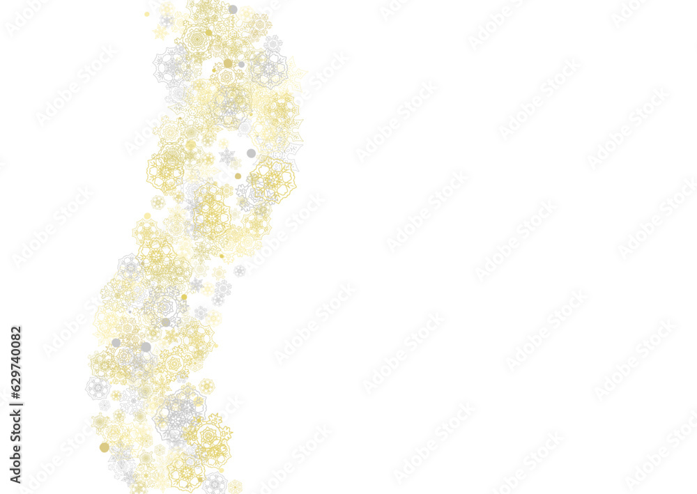Gold snowflakes frame on white background. New year theme. Horizontal shiny Christmas frame for holiday banner, card, sale, special offer. Falling snow with gold snowflake and glitter for party invite Gold snowflakes frame on white background. New year theme. Horizontal shiny Christmas frame for holiday banner, card, sale, special offer. Falling snow with gold snowflake and glitter for party invite