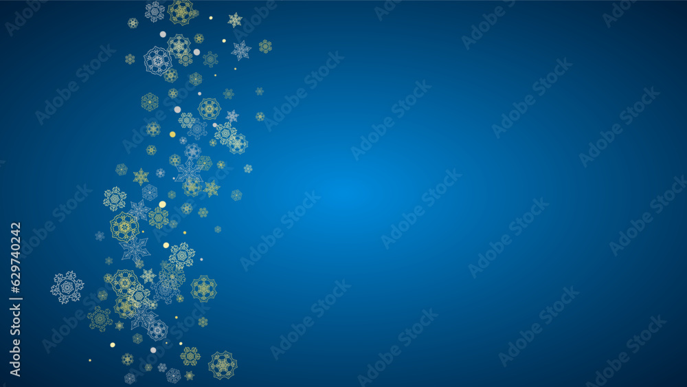 New Year frame with gold snowflakes on blue background. Horizontal Christmas and New Year frame for gift certificate, ads, banner, flyer, sales offers, event invitations. Glitter snow with sparkle New Year frame with gold snowflakes on blue background. Horizontal Christmas and New Year frame for gift certificate, ads, banner, flyer, sales offers, event invitations. Glitter snow with sparkle