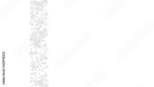 Snowflakes falling on white background. Horizontal Christmas and Happy New Year theme. Silver falling snowflakes for banner, gift card, party invitation, partner compliment and special business offers