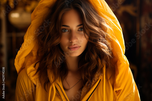 Portrait of beautiful young woman. yellow background.