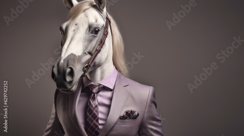 Beautiful elegant white horse posing, wearing mauve and grey suit, tie, pocket handkerchief. Minimal humorous concept of races fashion, elegance, strength, retro style. Dark background, copy space