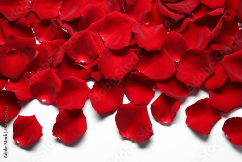 Fototapeta Naklejka Na Ścianę i Meble -  Beautiful red rose petals on white background, top view