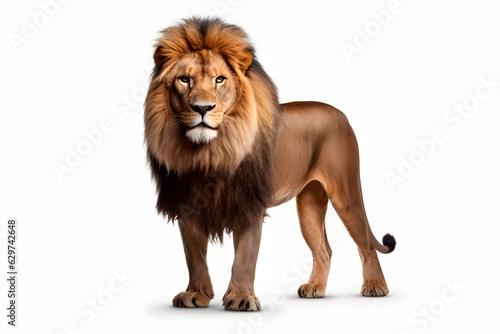 Lion isolated on white background. Animal front left side portrait.